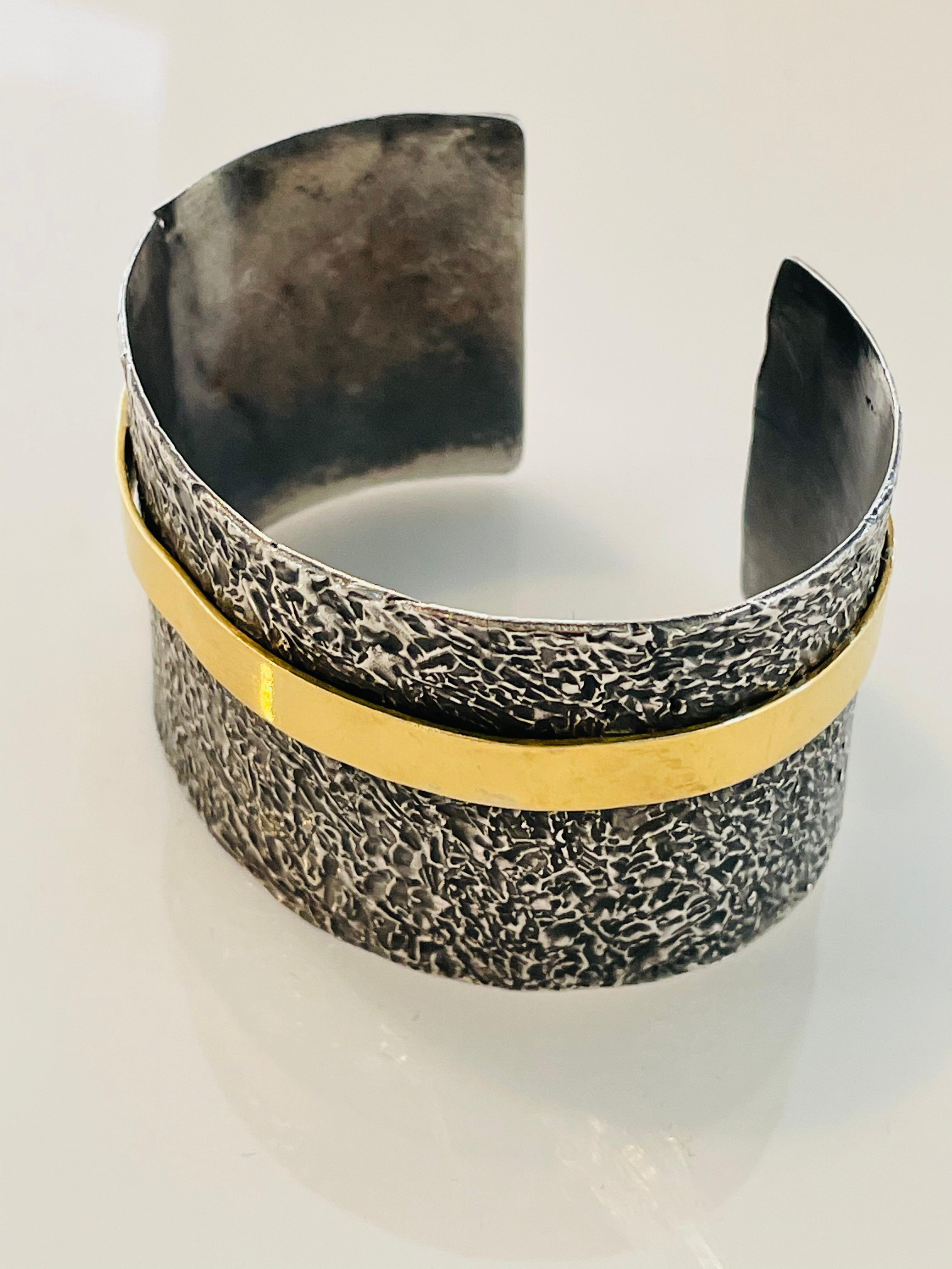 Artisan Blackened Silver Cuff with 22k Gold Band with Mixed Metals For Sale