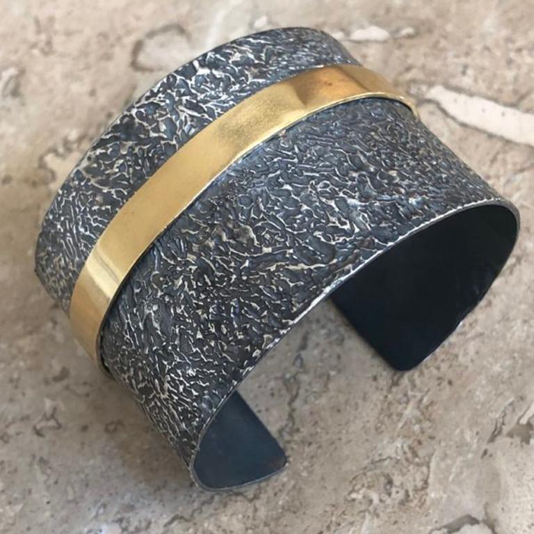 Women's Blackened Silver Cuff with 22k Gold Band with Mixed Metals For Sale