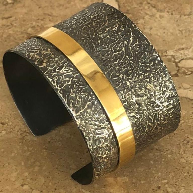 Blackened Silver Cuff with 22k Gold Band with Mixed Metals For Sale 1