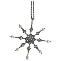 Blackened Silver, Diamond and Seed Pearl Star Pendant Necklace