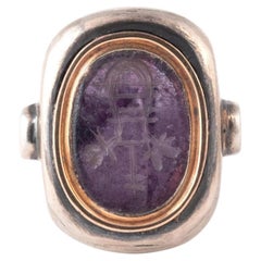 Blackened Silver Gold Amethyst Ring Depicting Musical Instrument 1st Century