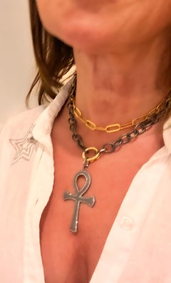 Blackened Silver, Gold and Diamond Ankh Necklace, by Tagili
