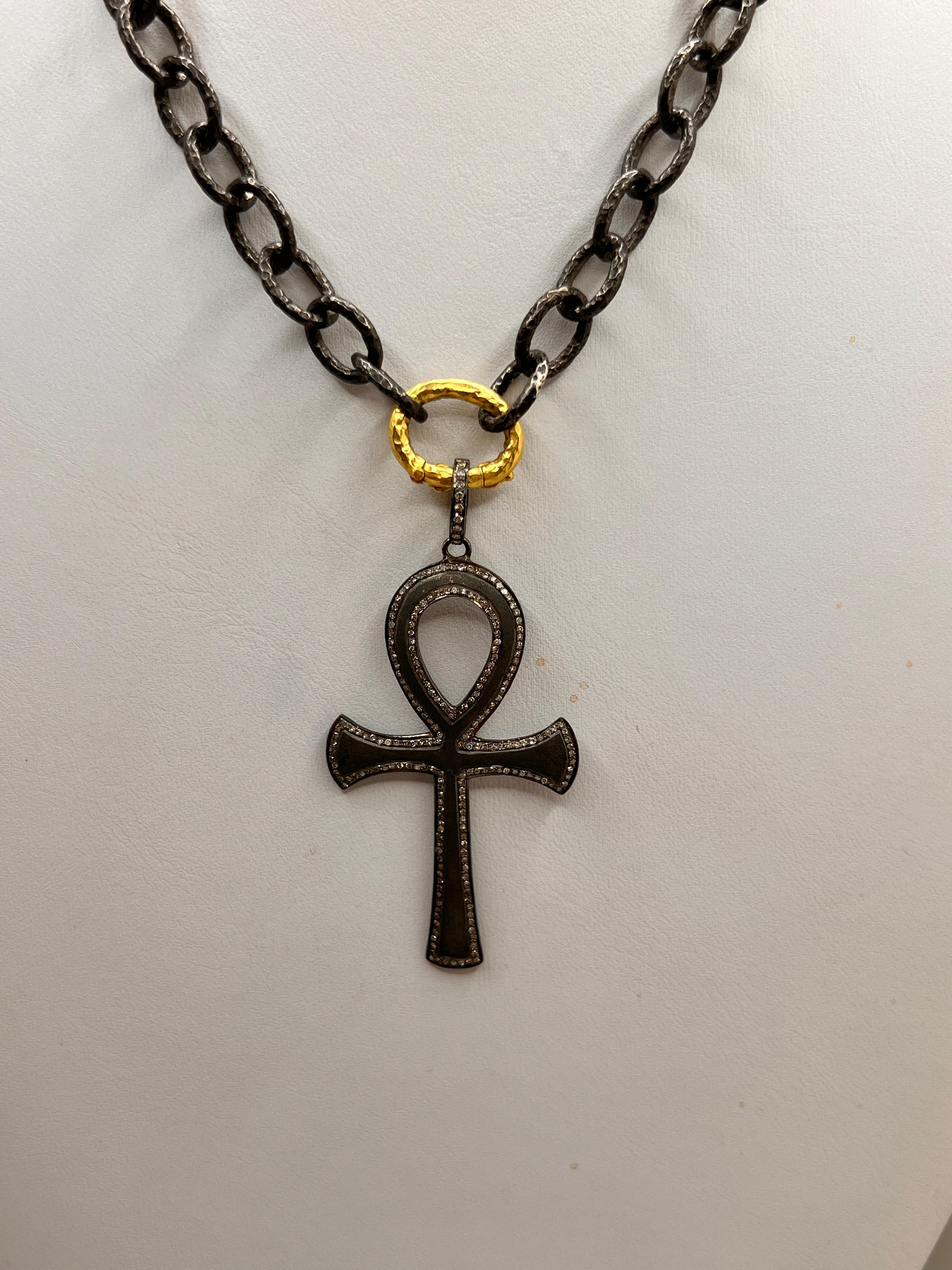 Artisan Blackened Silver, Gold and Diamond Ankh Necklace, by Tagili