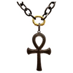 Blackened Silver, Gold and Diamond Ankh Necklace, by Tagili