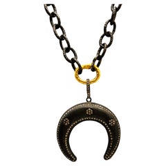 Blackened Silver, Gold and Diamond Double Horn Necklace, by Tagili