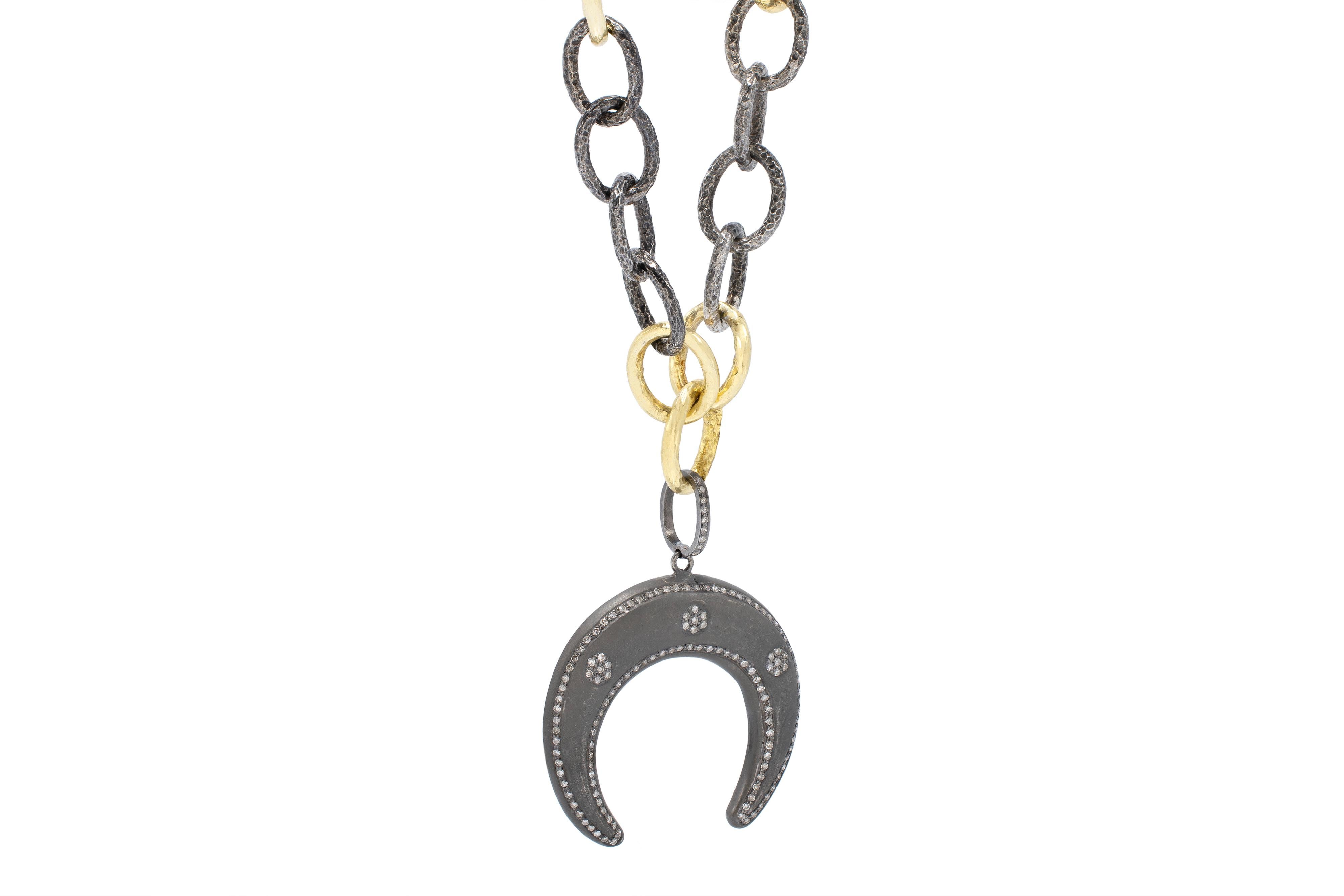 Round Cut Blackened Silver, Gold and Diamond Double Horn Pendant, by Tagili For Sale