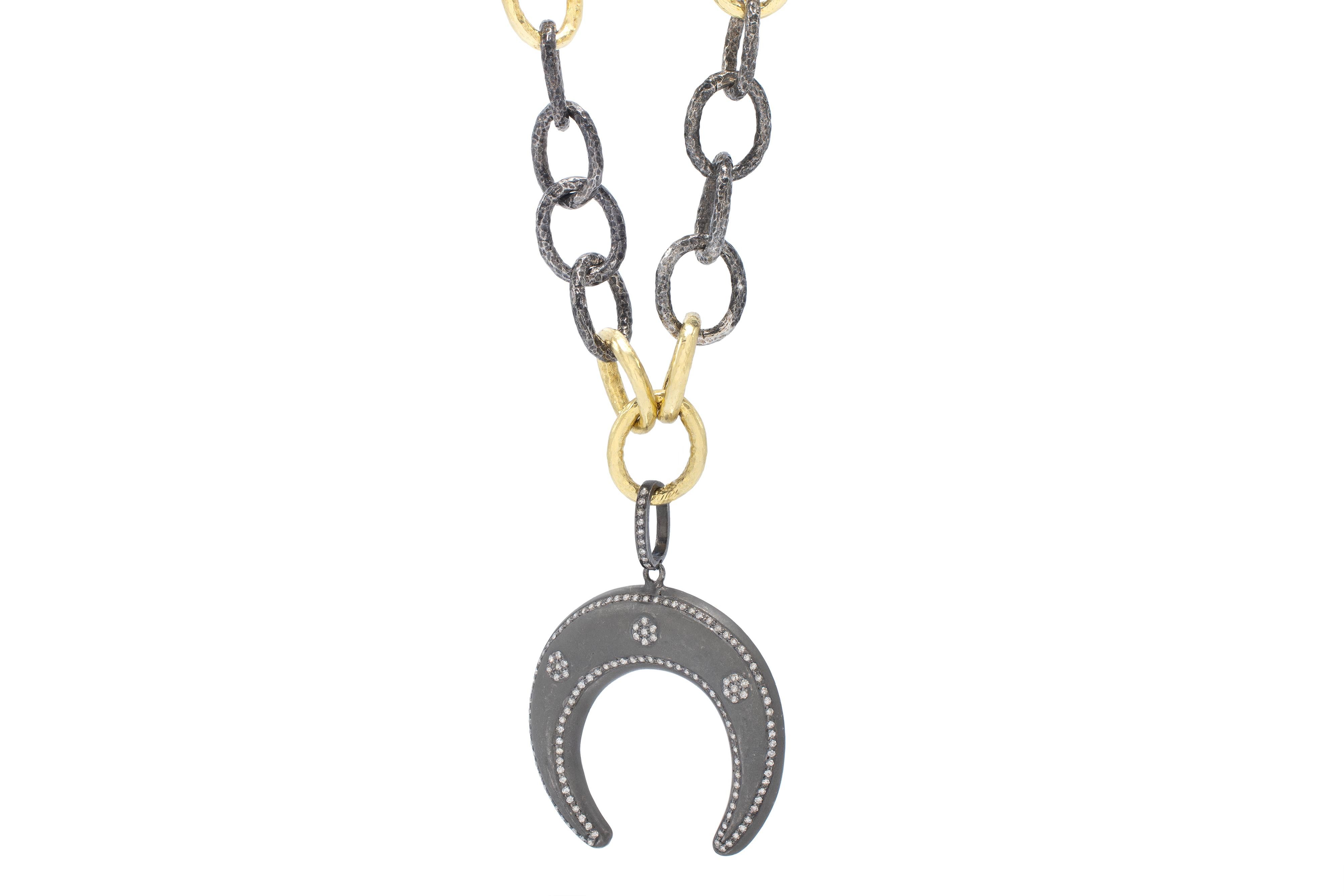 Blackened Silver, Gold and Diamond Double Horn Pendant, by Tagili In New Condition For Sale In New York, NY