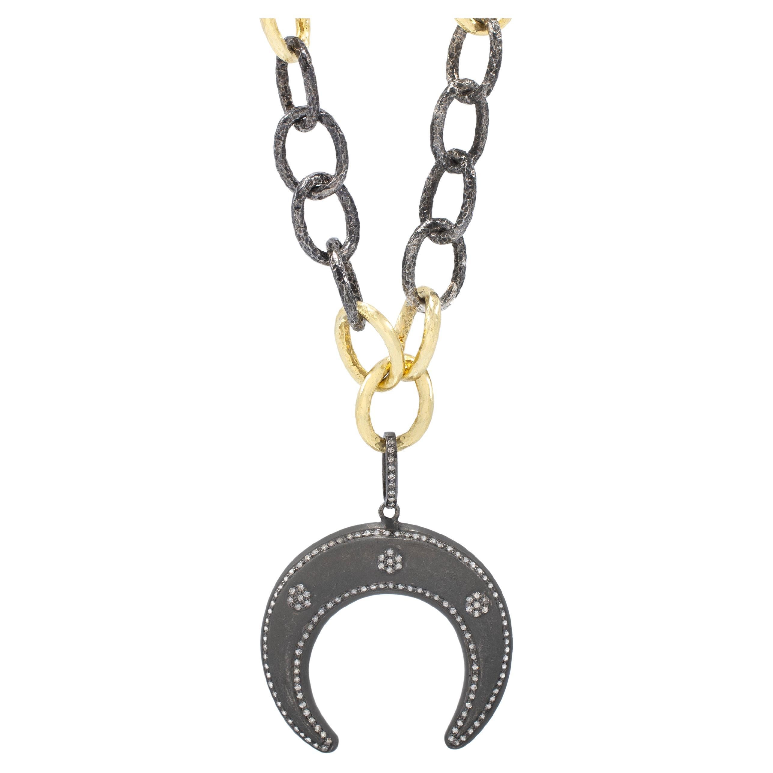 Blackened Silver, Gold and Diamond Double Horn Pendant, by Tagili For Sale