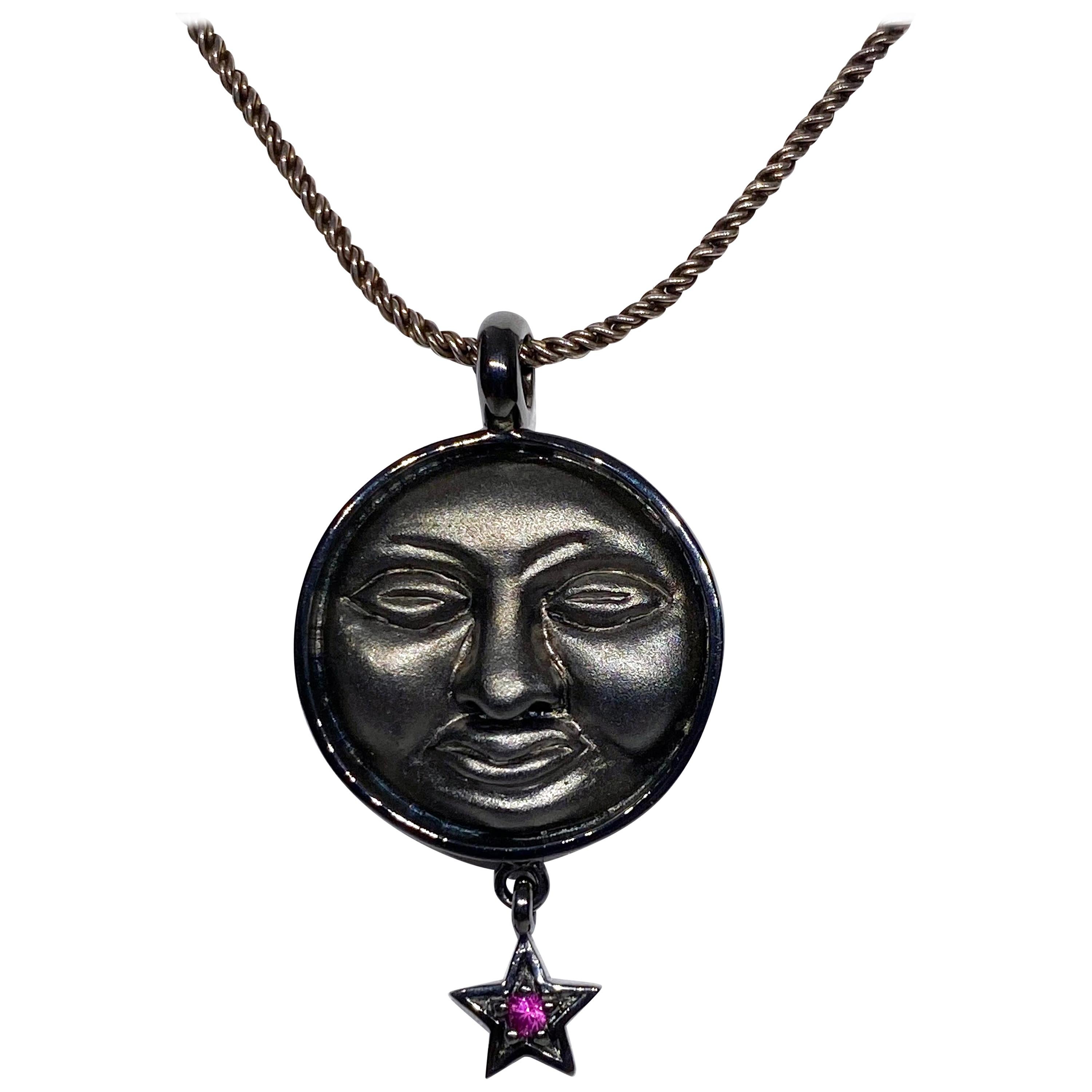 Blackened Silver Moon Face Pendant For Sale