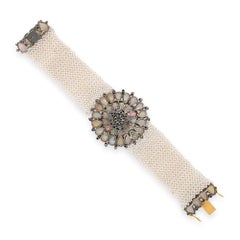 Blackened Silver, Opal, Seed Pearl and Diamond Mesh Bracelet