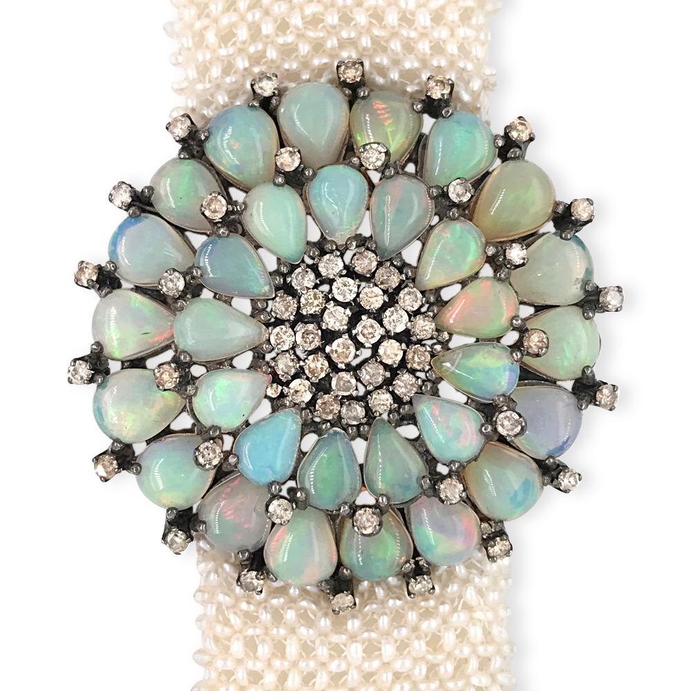 Victorian Blackened Silver, Opal, Seed Pearl and Diamond Mesh Bracelet
