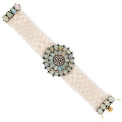 Antique Blackened Silver, Opal, Seed Pearl and Diamond Mesh Bracelet