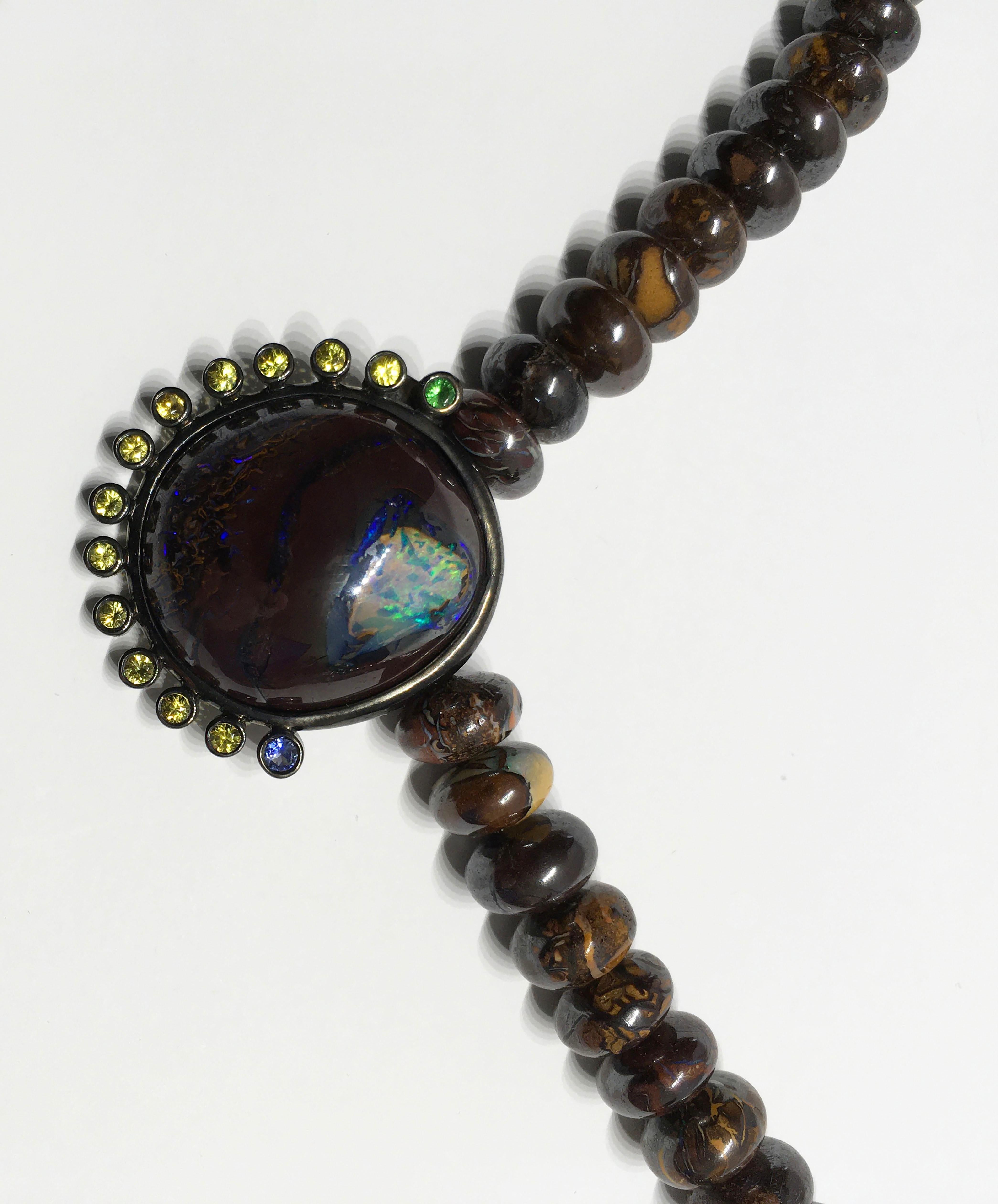 Cabochon Blackened Silver Pendant set with Opal, Sapphire and Tsavorite