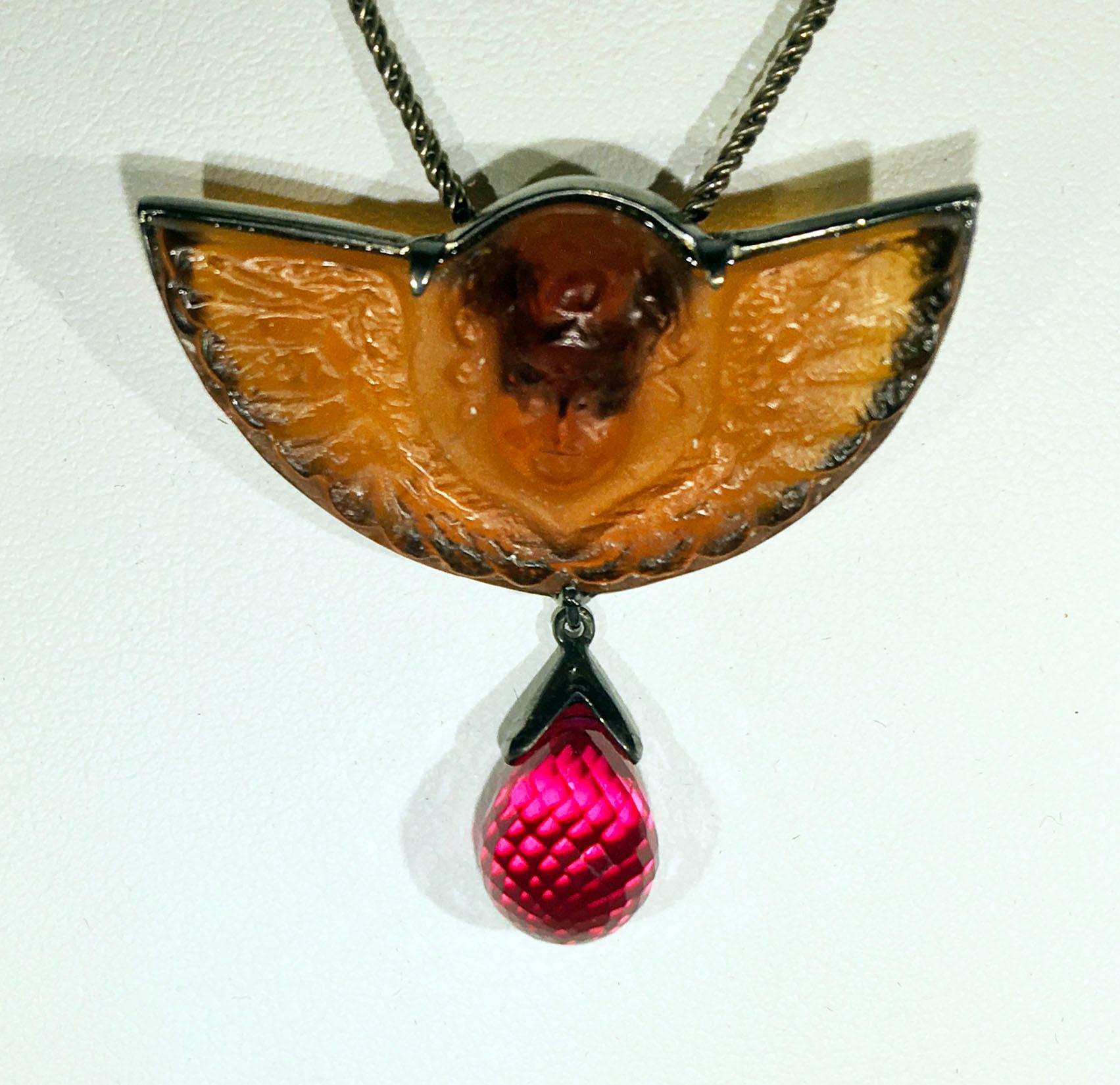 Briolette Cut A Pressed Italian Glass and a Cultured Ruby Pendant set in Blackened Silver For Sale