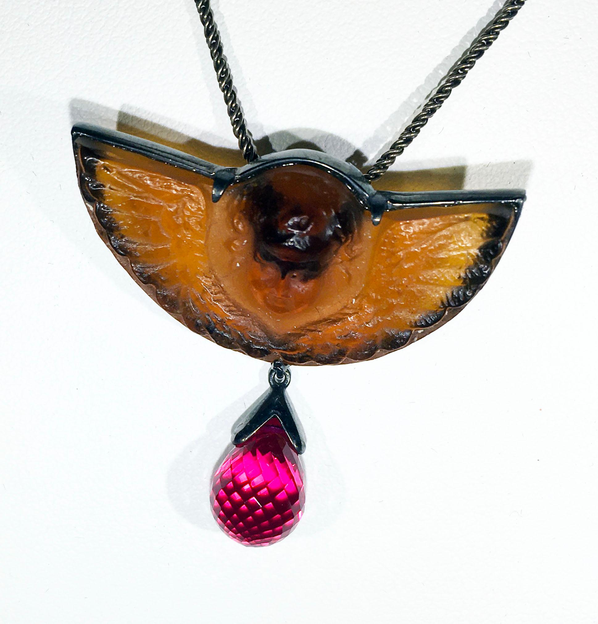 A Pressed Italian Glass and a Cultured Ruby Pendant set in Blackened Silver In New Condition For Sale In Seattle, WA
