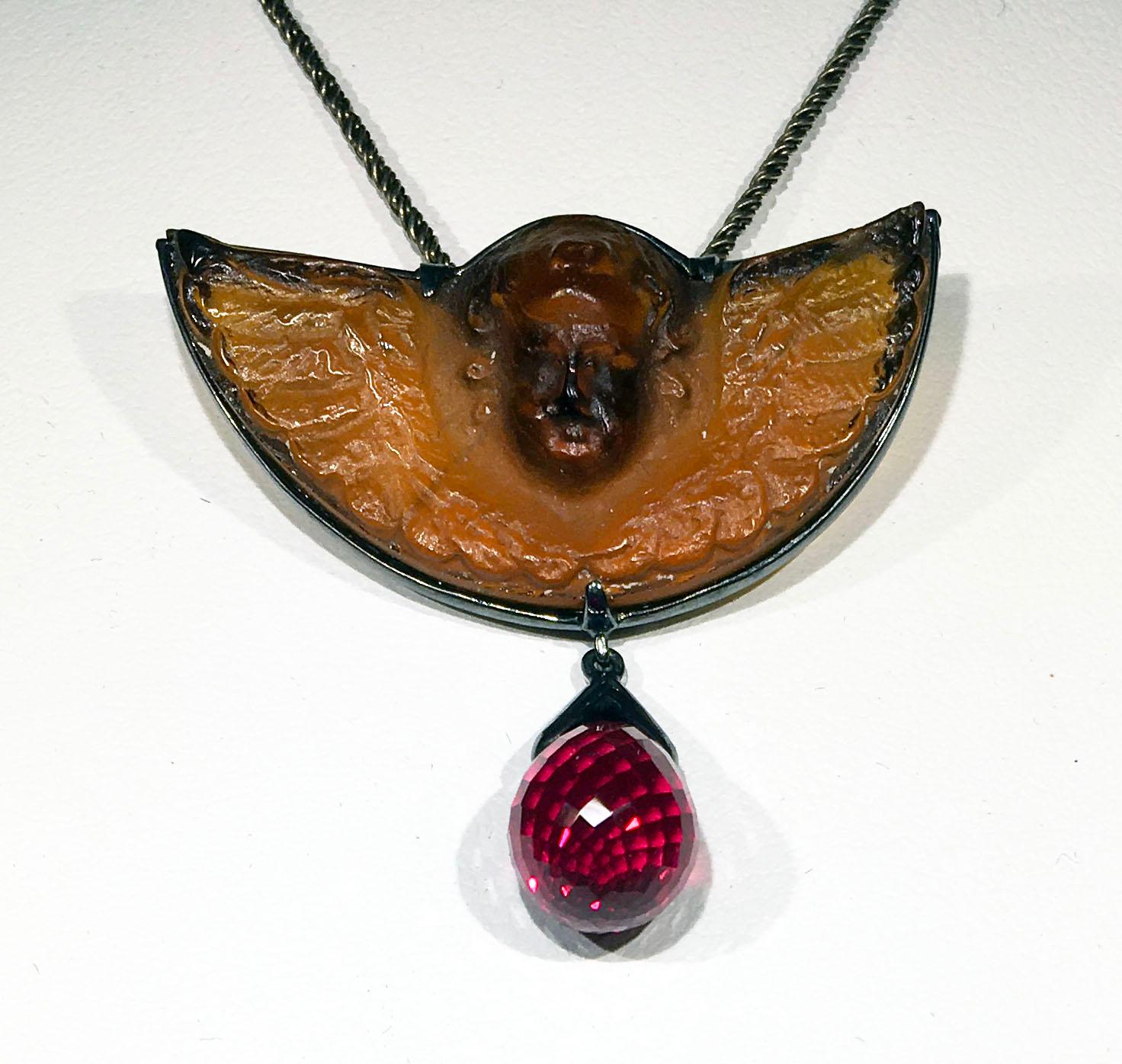 A Pressed Italian Glass and a Cultured Ruby Pendant set in Blackened Silver For Sale 1