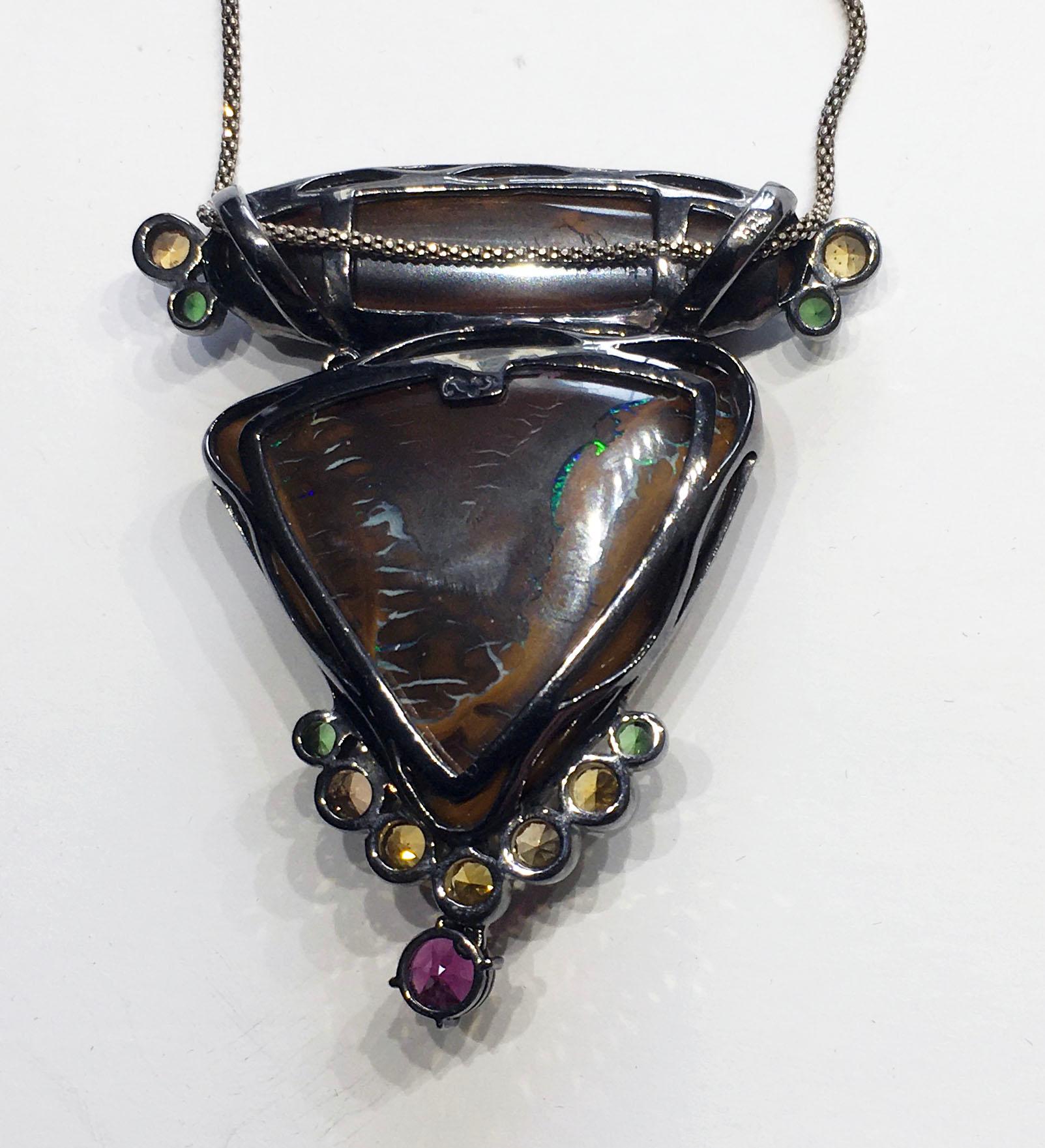 Contemporary Blackened Silver Pendant with Boulder Opal, Garnet and Sapphire For Sale