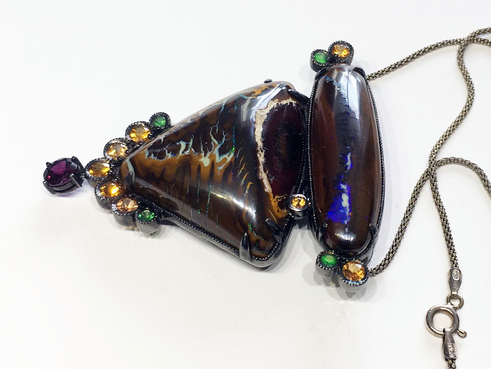 Women's or Men's Blackened Silver Pendant with Boulder Opal, Garnet and Sapphire For Sale