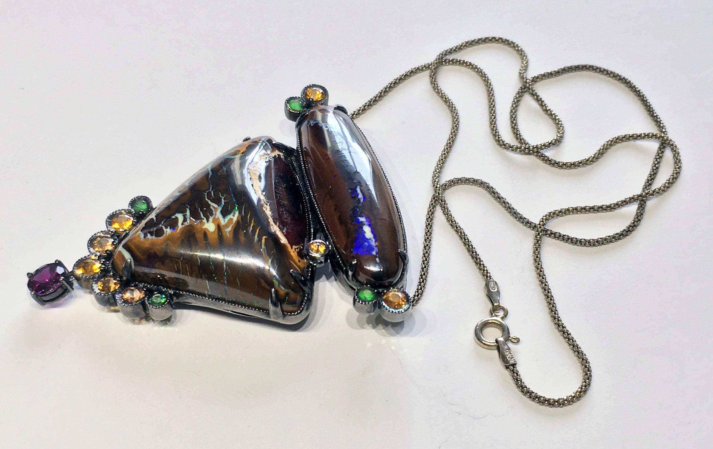 Blackened Silver Pendant with Boulder Opal, Garnet and Sapphire For Sale 1