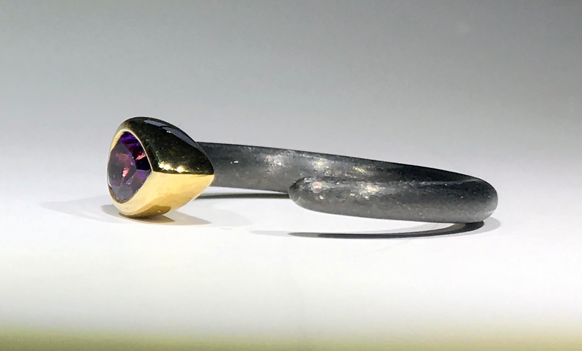 An Amethyst Ring Set in Gold Plated Bezel in a Blackened Silver Band For Sale 2