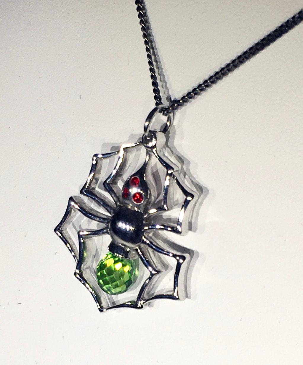 Blackened Silver Spider Pendant with Cultured Green Sapphire, and Red Zirconia 3