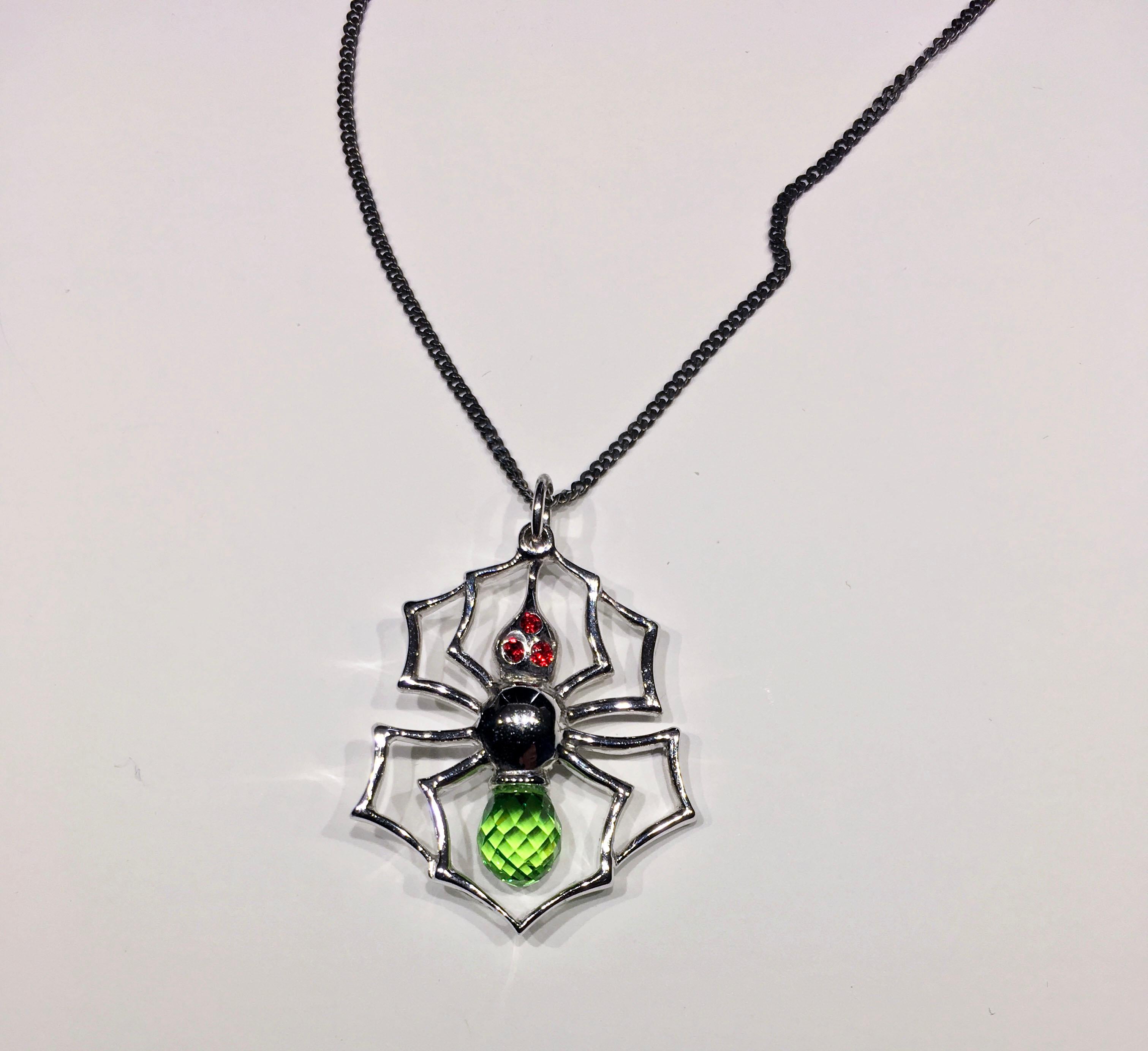 Briolette Cut Blackened Silver Spider Pendant with Cultured Green Sapphire, and Red Zirconia