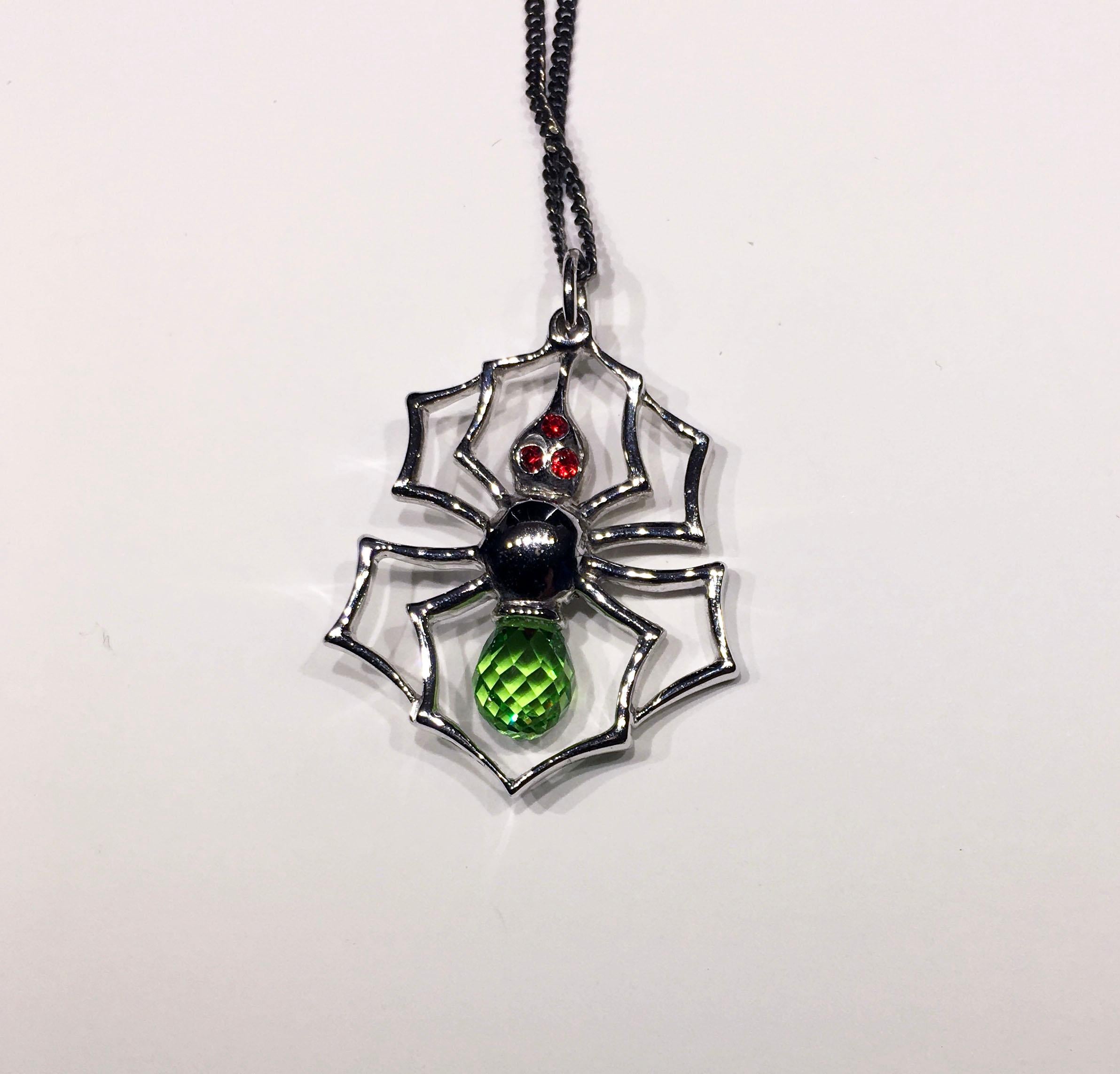 Blackened Silver Spider Pendant with Cultured Green Sapphire, and Red Zirconia In New Condition In Seattle, WA