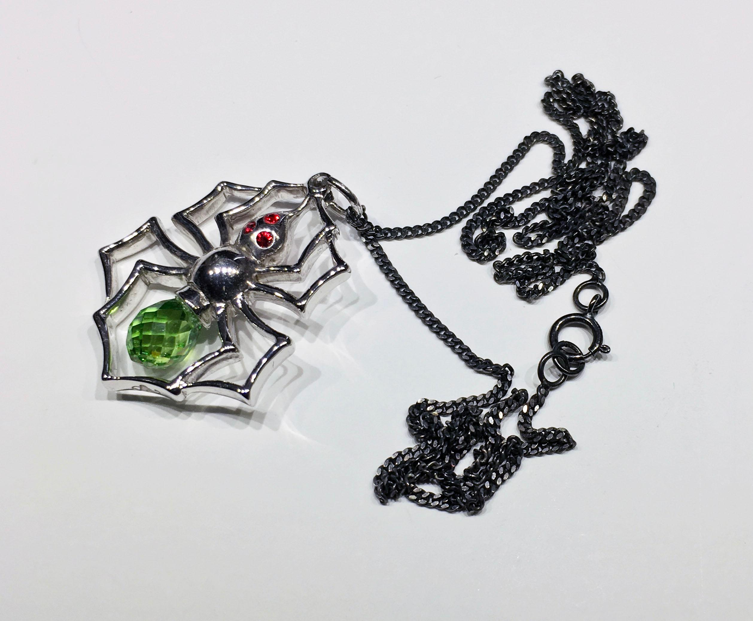 Blackened Silver Spider Pendant with Cultured Green Sapphire, and Red Zirconia 2