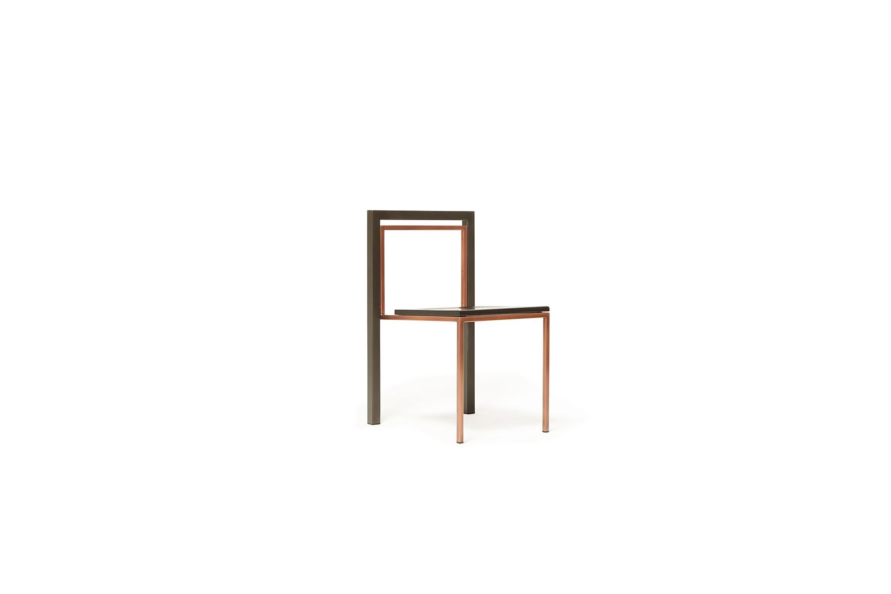 A solid oak and steel chair with a comfortable seat, easily stackable to save space when needed. This version has an antique copper steel frame with an ebonized oakwood seat and blackened steel backrest. Also available in this collection is an