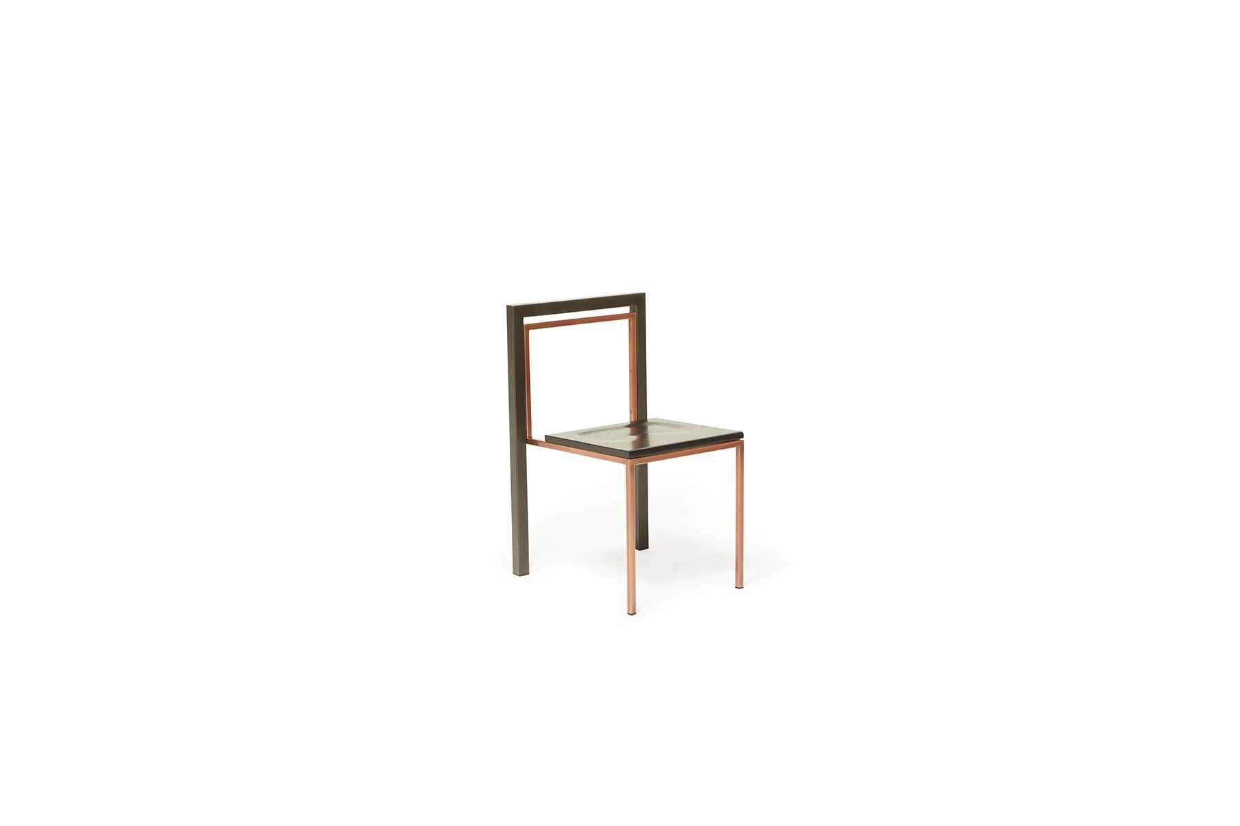 Welded Blackened Steel, Antique Copper and Ebonized Oak Dining Chair For Sale