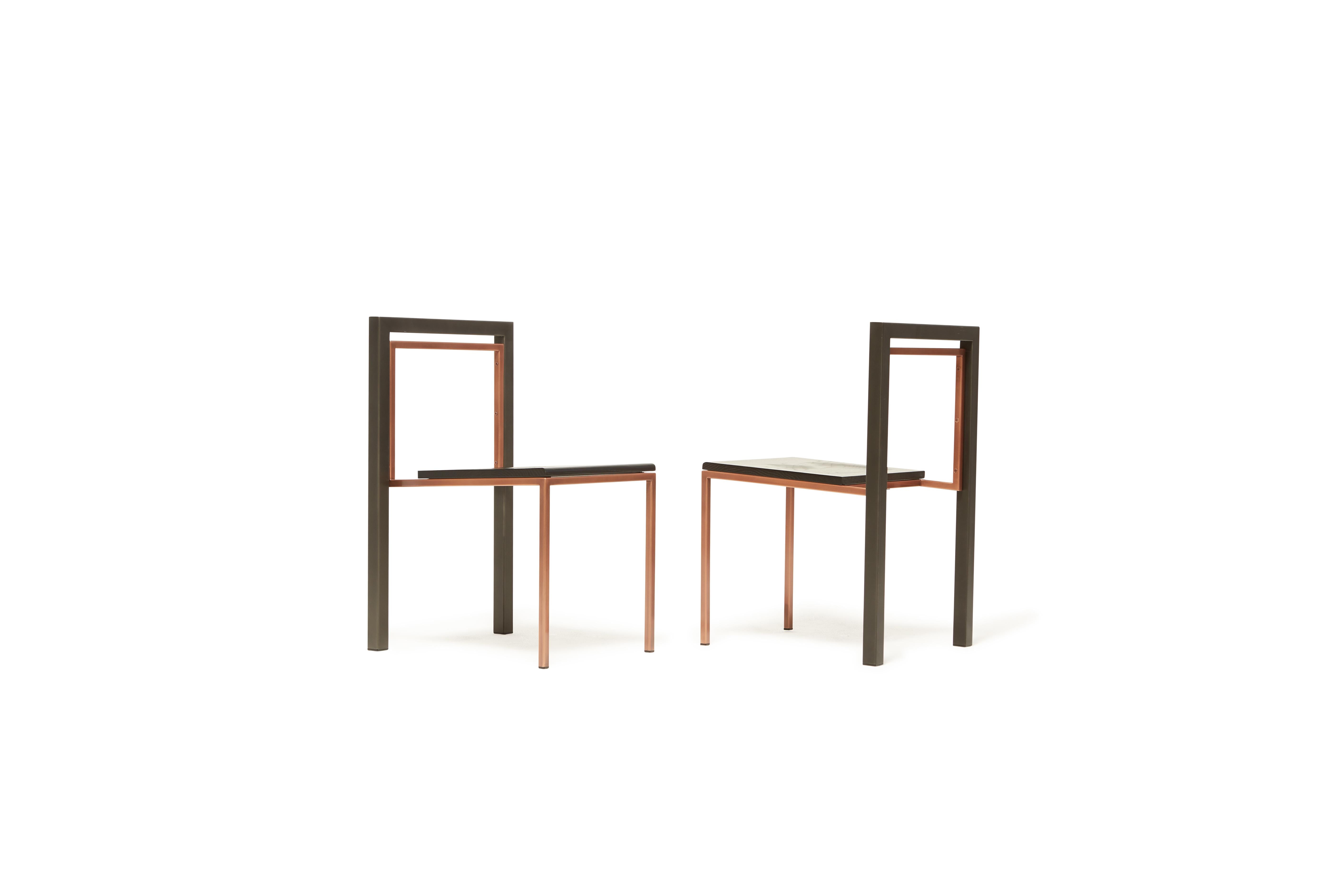 Contemporary Blackened Steel, Antique Copper and Ebonized Oak Dining Chair For Sale