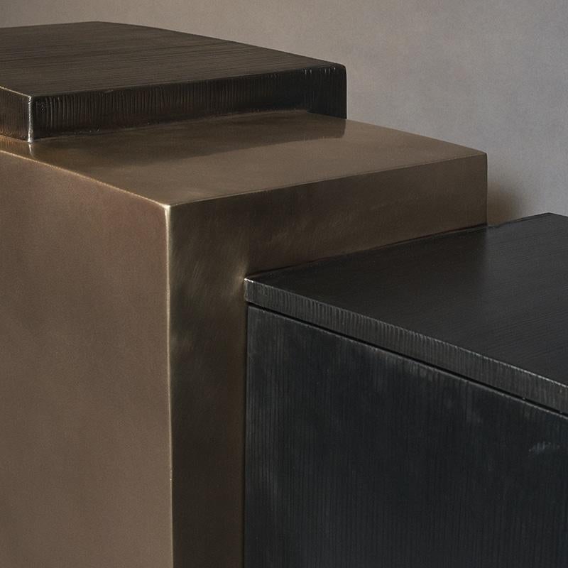 American Blackened Steel Console with Grained and Mirrored Bronze, 2015 For Sale