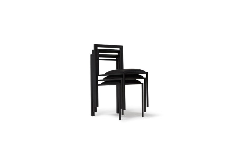 Blackened Steel Dining Chair with Black Leather Upholstered Seat For Sale 6