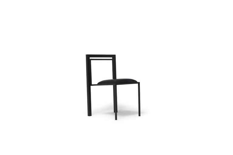 Modern Blackened Steel Dining Chair with Black Leather Upholstered Seat For Sale