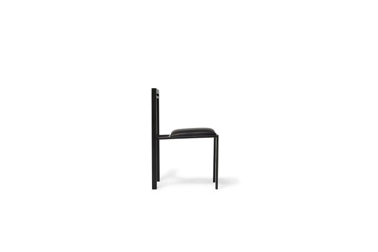 American Blackened Steel Dining Chair with Black Leather Upholstered Seat For Sale