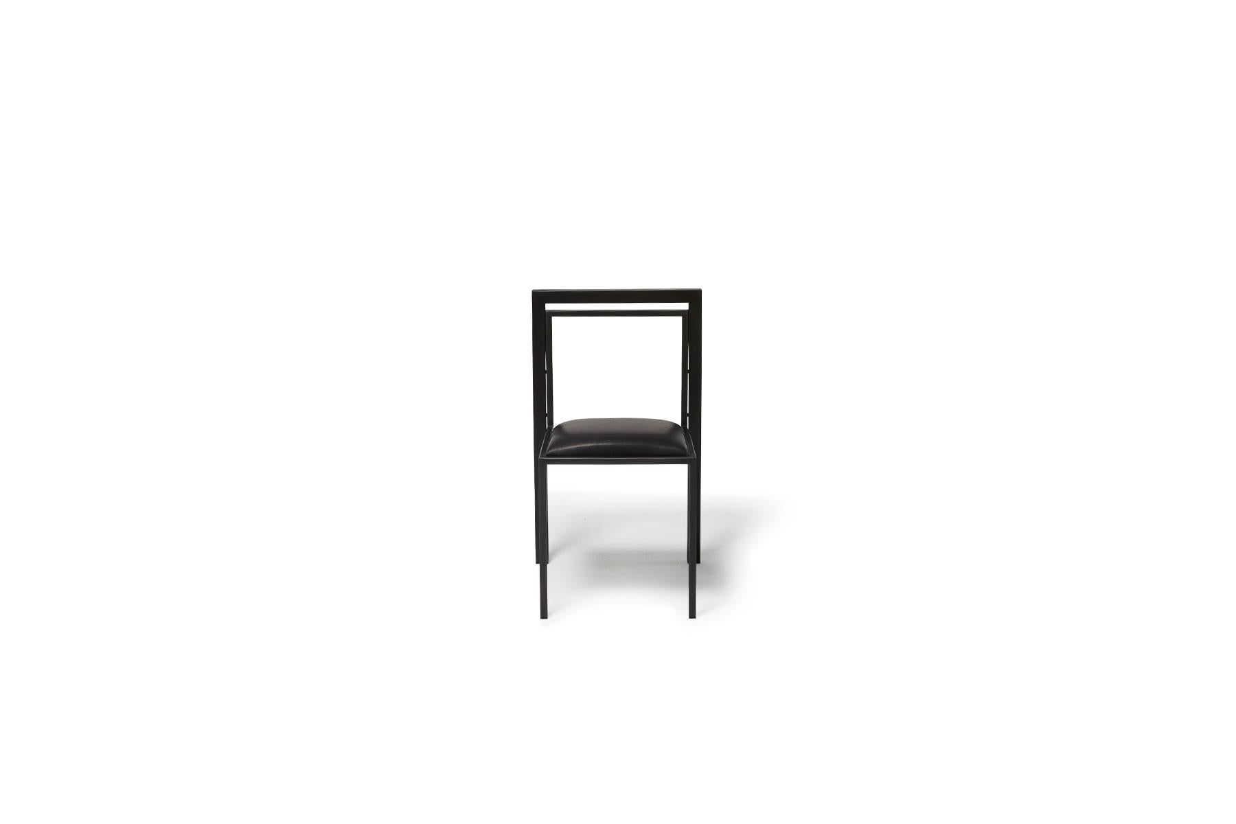 Contemporary Blackened Steel Dining Chair with Black Leather Upholstered Seat For Sale