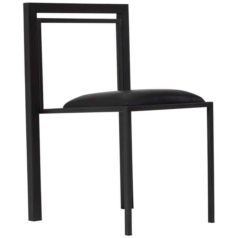 Blackened Steel Dining Chair with Black Leather Upholstered Seat For Sale