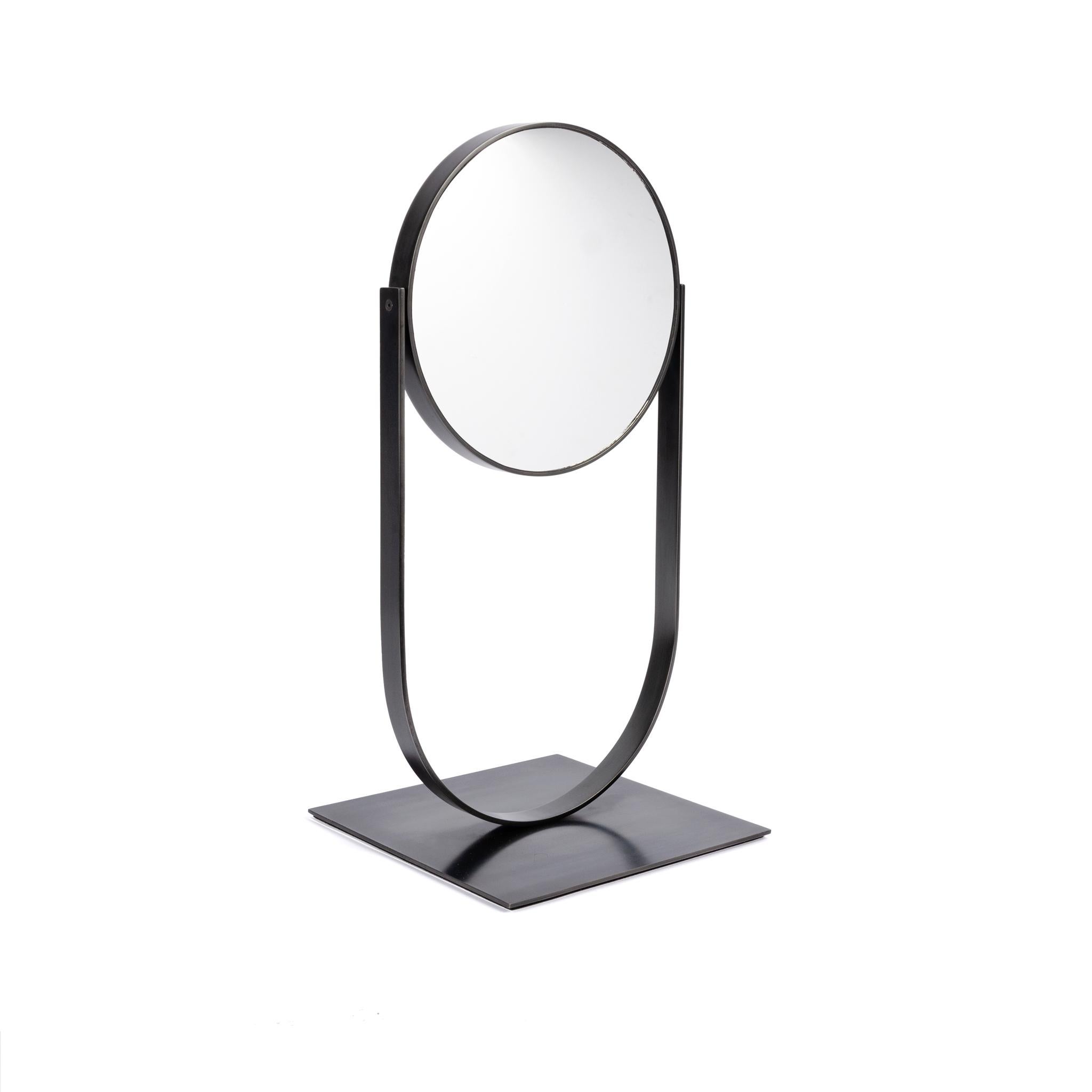 American Modern Metal Table Top Swivel Mirror in Blackened Steel Finish 