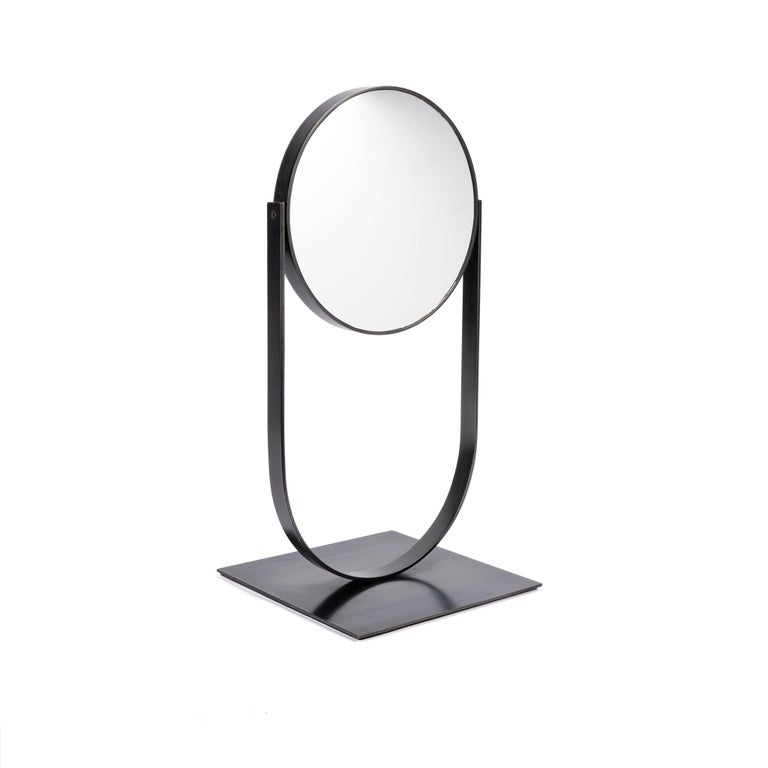 Modern Metal Table Top Swivel Mirror in Blackened Steel Finish For Sale