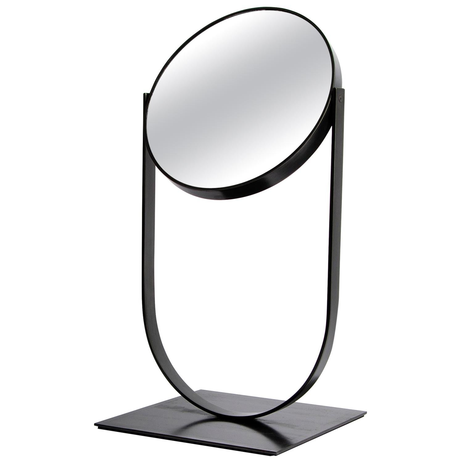 Modern Metal Table Top Swivel Mirror in Blackened Steel Finish 