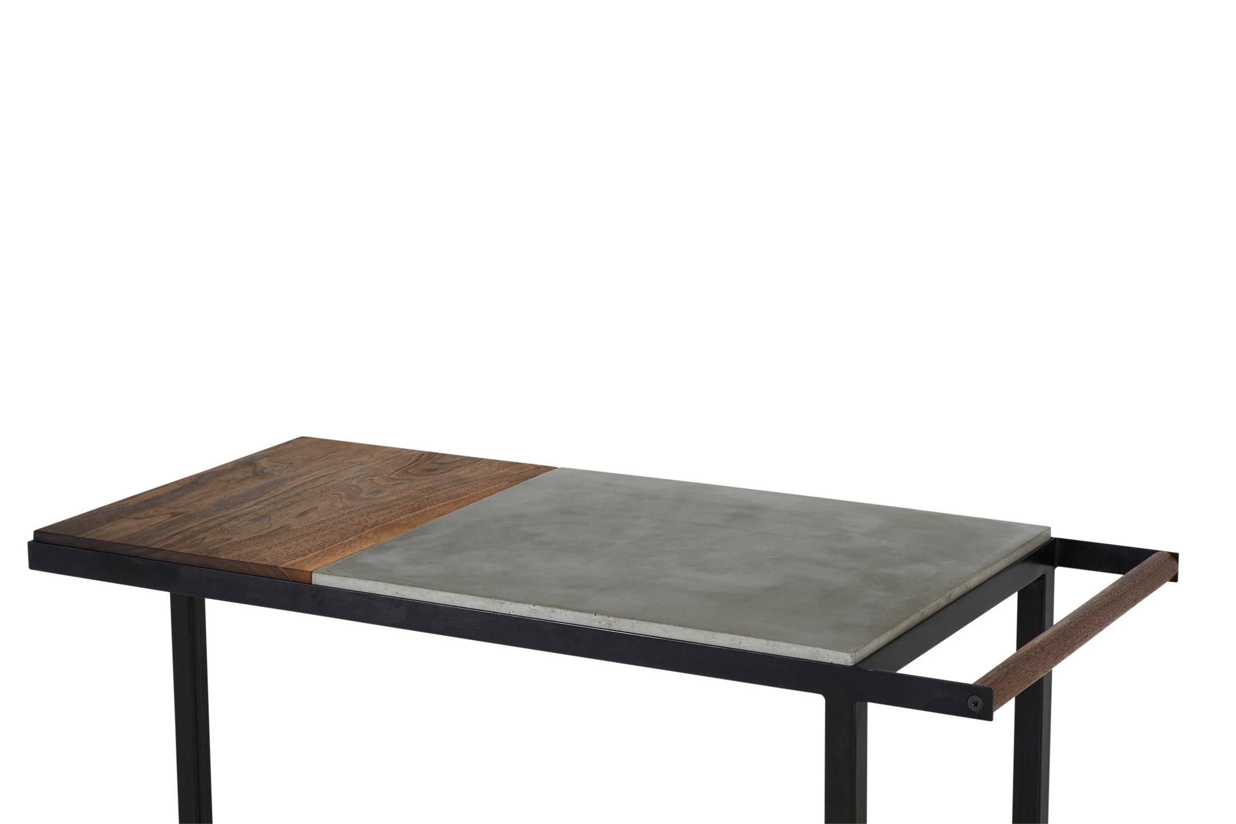 Blackened Steel, Cast-Concrete and Solid Walnut Wood Handsome Bar Cart For Sale 4