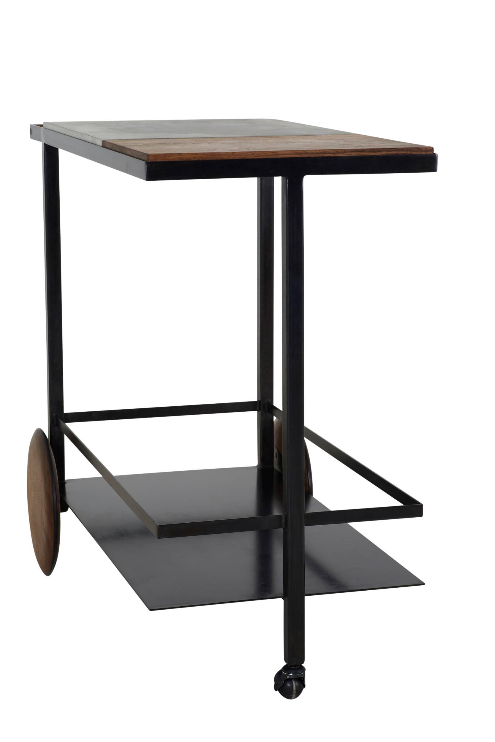 Blackened Steel, Cast-Concrete and Solid Walnut Wood Handsome Bar Cart For Sale 5