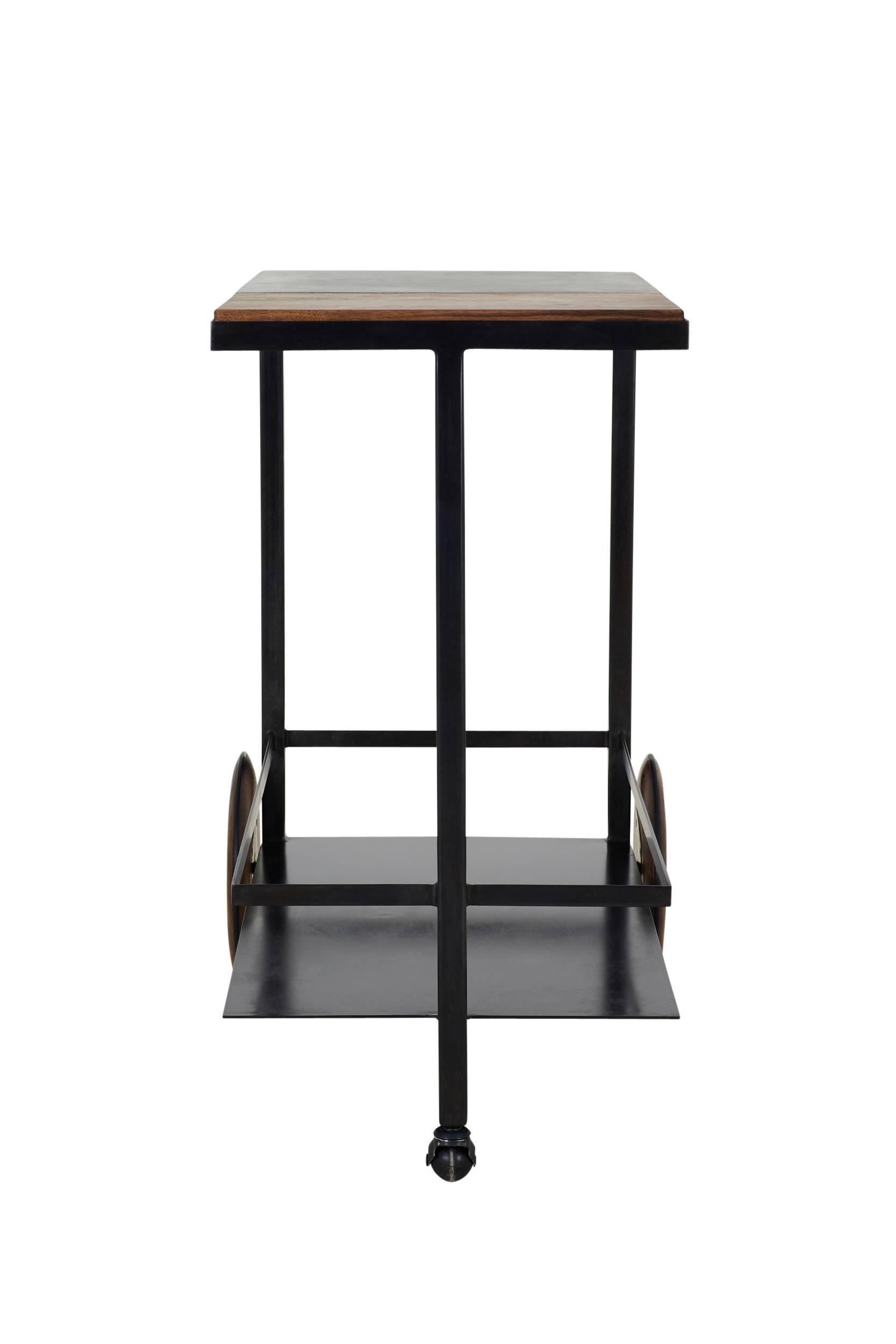 Blackened Steel, Cast-Concrete and Solid Walnut Wood Handsome Bar Cart For Sale 5