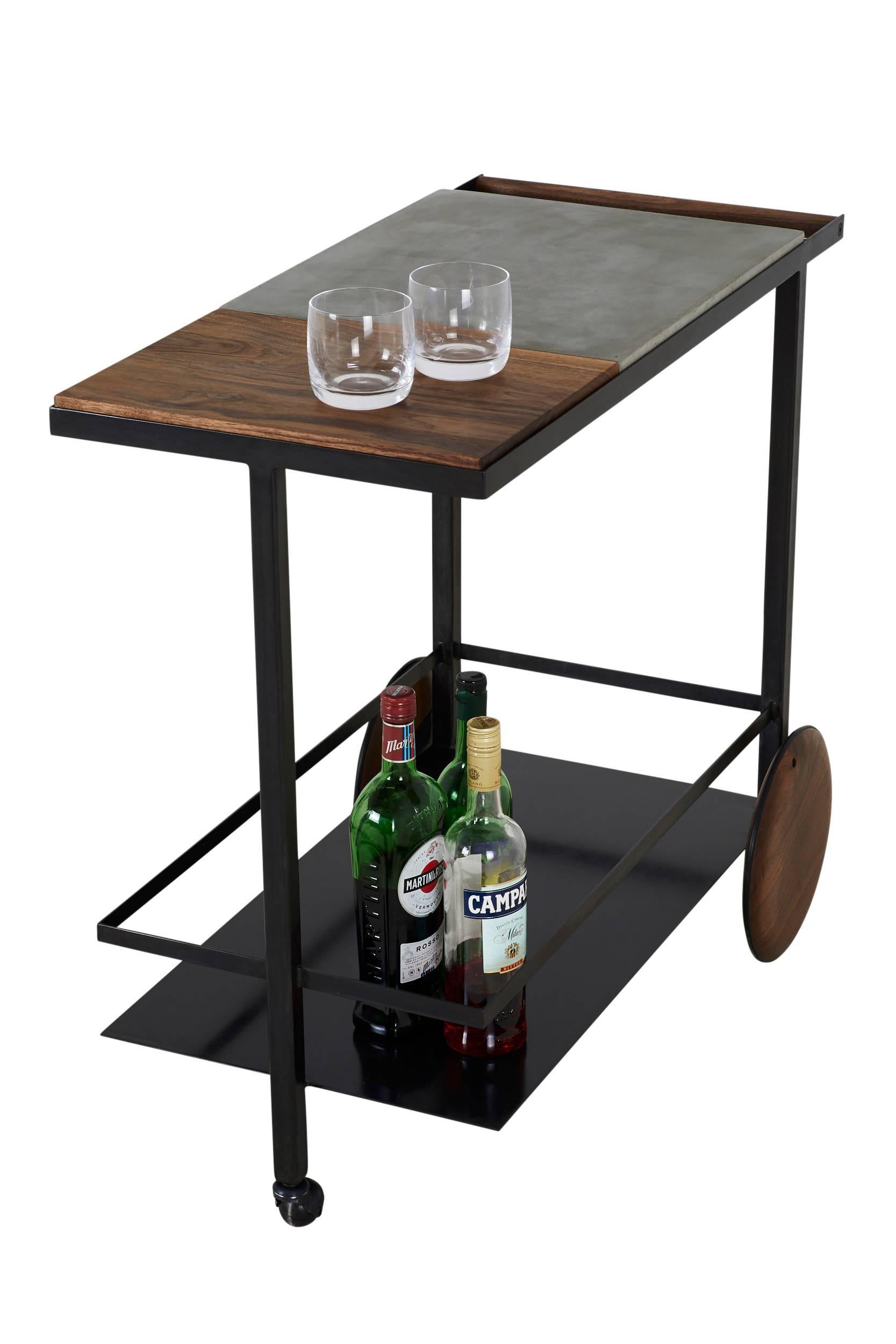 Modern Blackened Steel, Cast-Concrete and Solid Walnut Wood Handsome Bar Cart For Sale