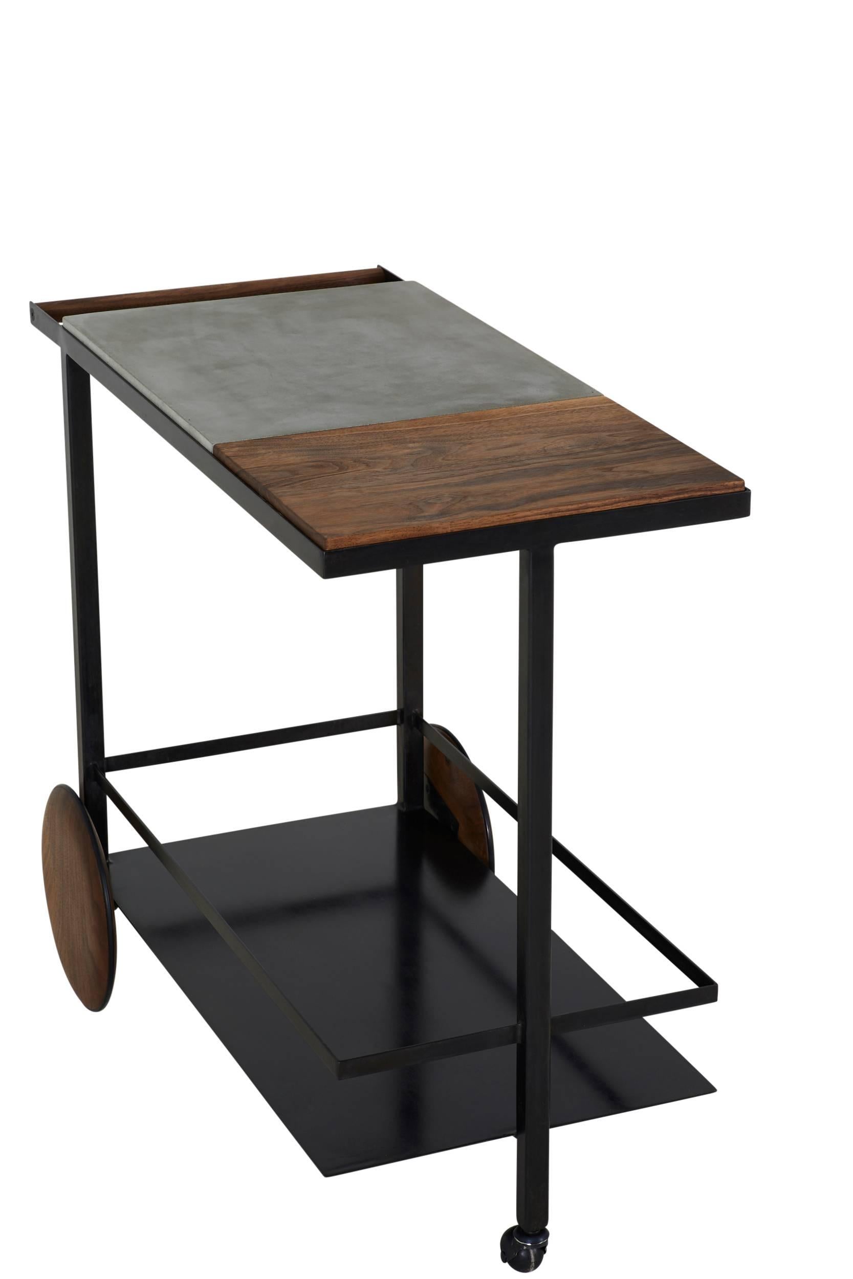 American Blackened Steel, Cast-Concrete and Solid Walnut Wood Handsome Bar Cart For Sale