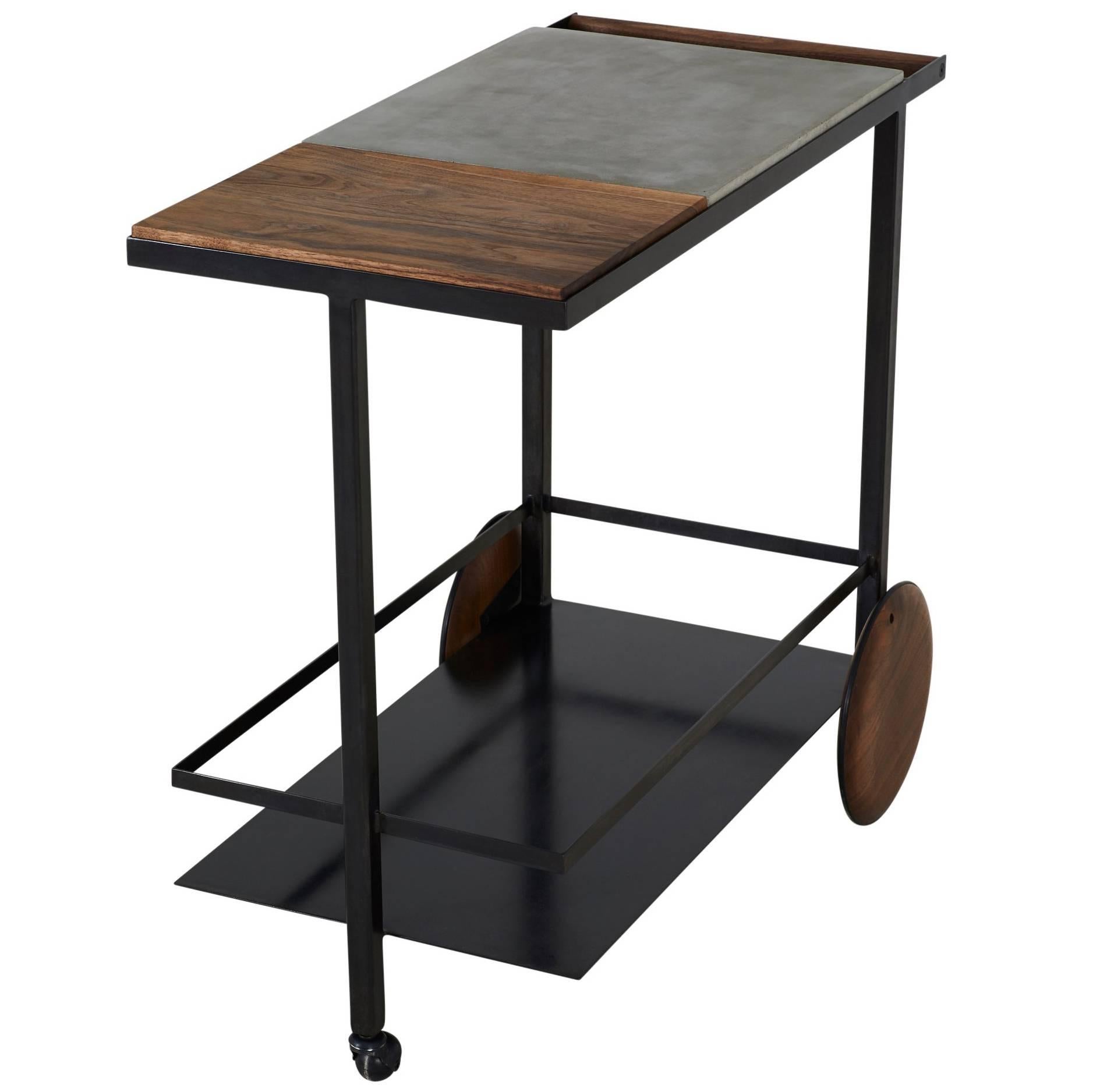 Blackened Steel, Cast-Concrete and Solid Walnut Wood Handsome Bar Cart