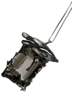 Blackened Sterling Silver Contemporary Pendant Necklace with Smoky Quartz