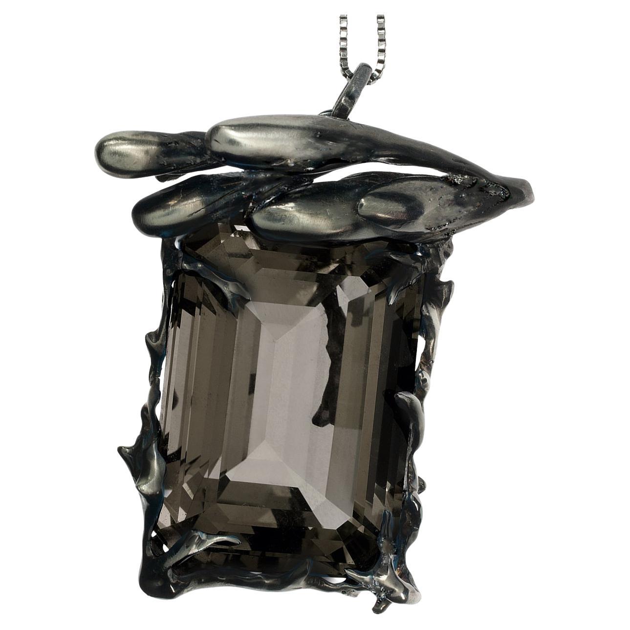 Blackened Sterling Silver Contemporary Pendant Necklace with Smoky Quartz