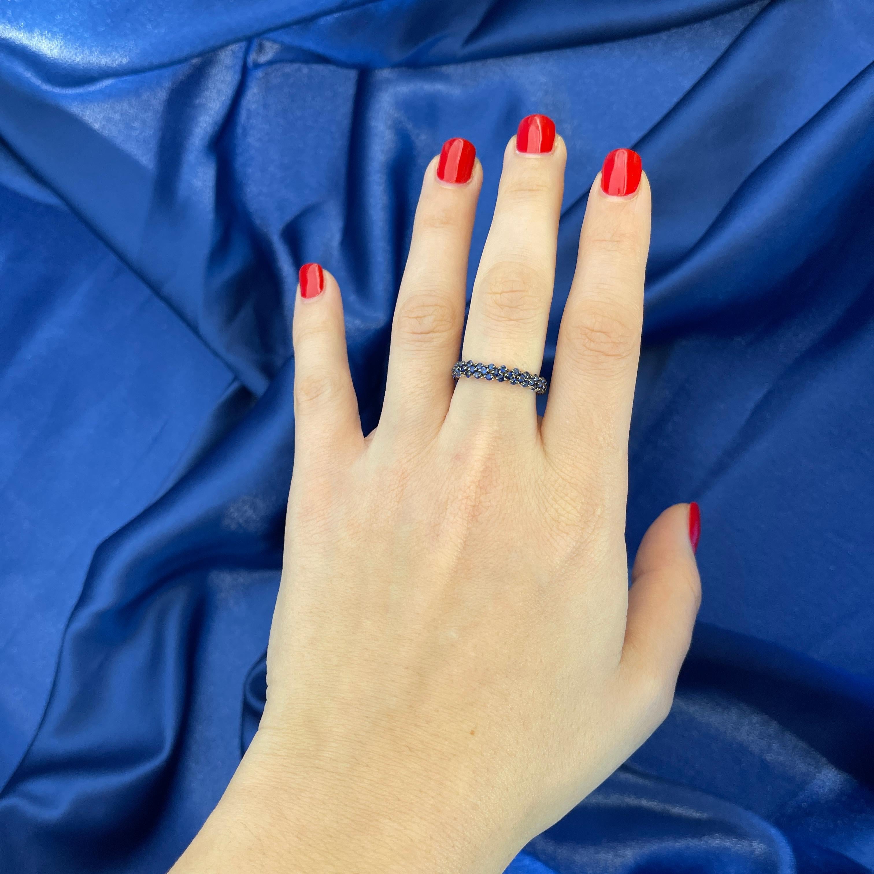Brilliant Cut Blackened White Gold Blue Sapphire Eternity Band Ring For Sale