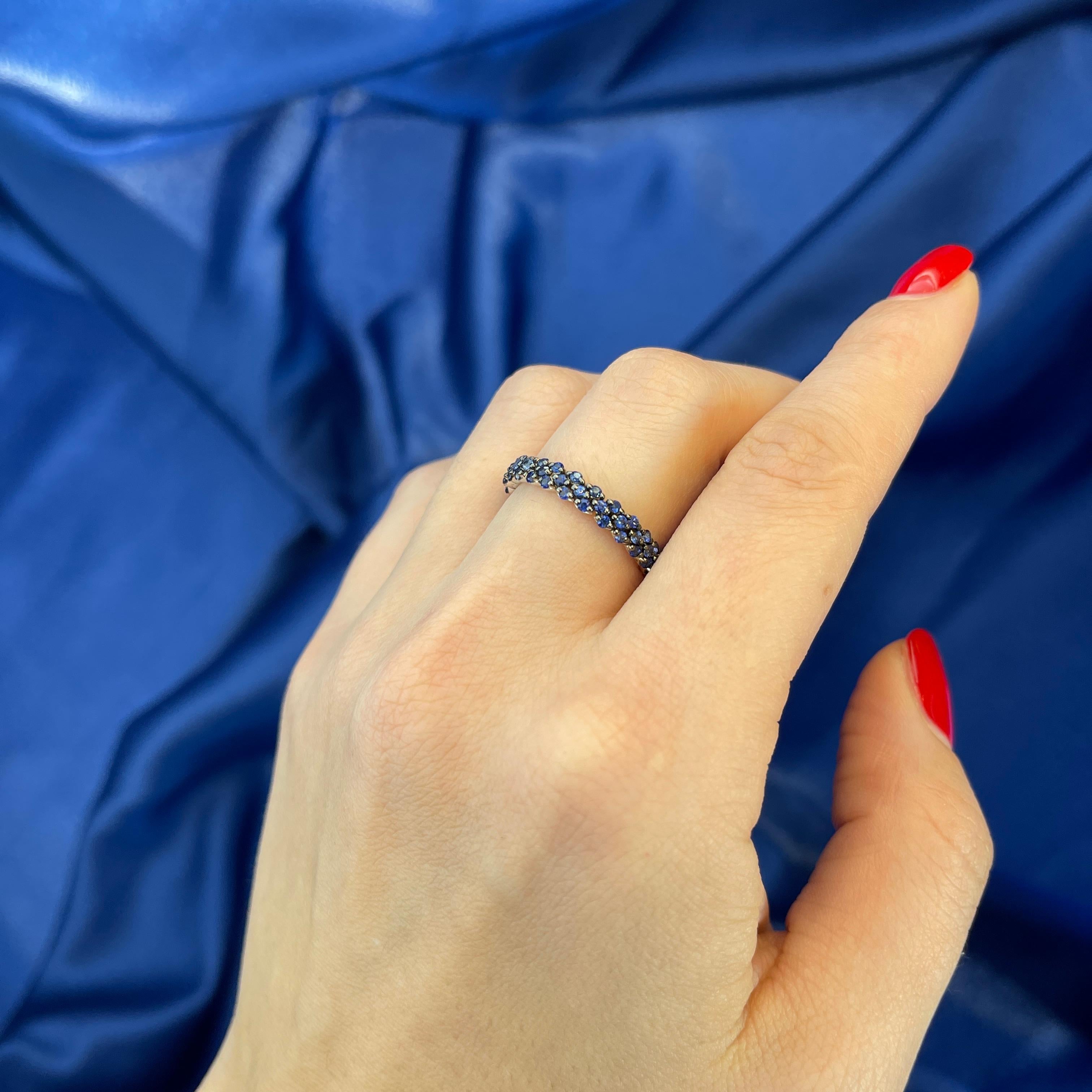 Women's or Men's Blackened White Gold Blue Sapphire Eternity Band Ring For Sale